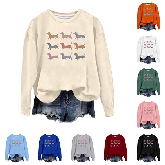 Women Dachshund Dog Print Crew Neck Sweatshirt Long Sleeve Pullover Casual Loose Fit Animal Graphic Top