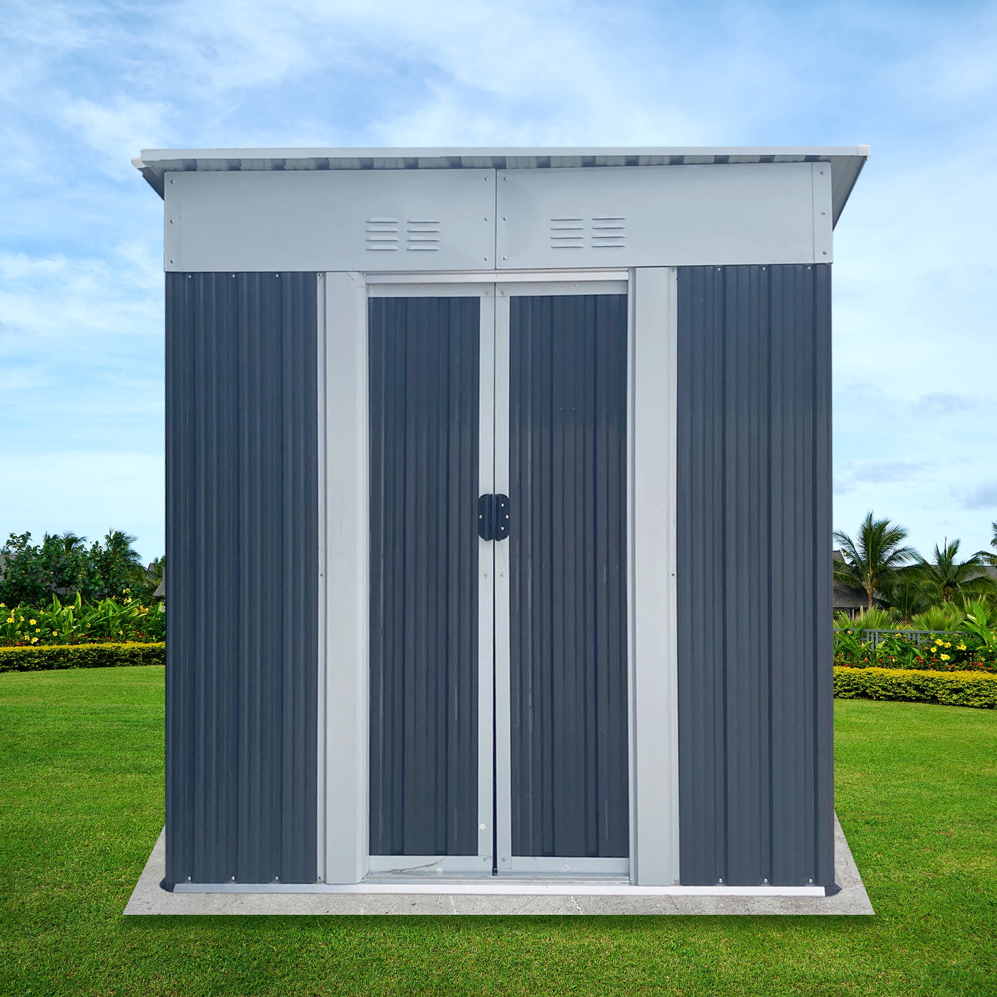 Mintazer 5x3 ft Pent Sloped Roof Outdoor Galvanized Metal Storage Shed with Lockable Sliding Double Doors & Top Vents, Weatherproof Garden Tool Storage House for Backyard Patio Lawn, Grey