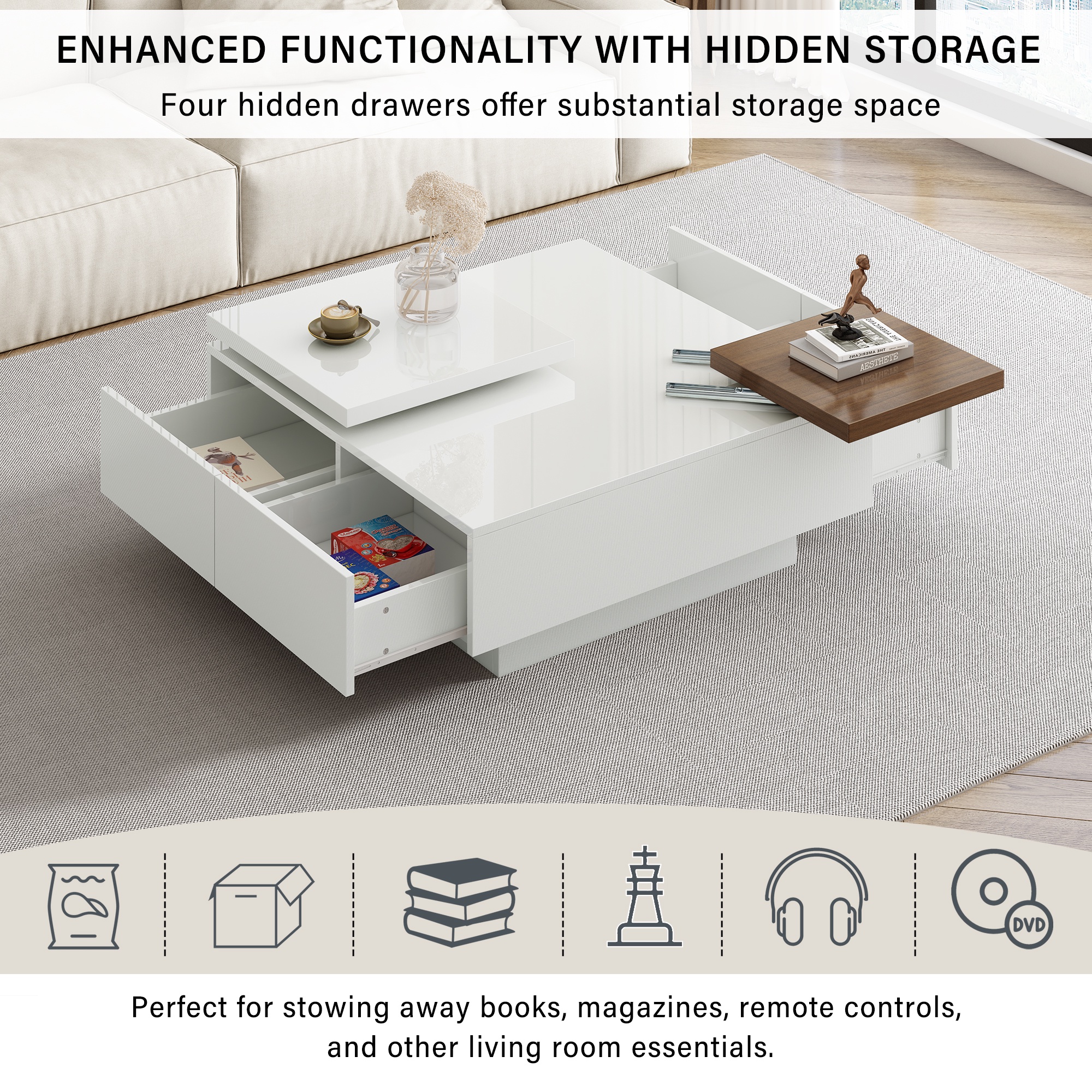 PORKISS Coffee Table, Wooden Coffee Table with Movable Top and High Gloss Finish, Freestanding Square Coffee Table with 4 Hidden Storage Drawers, Modern Cocktail Table for Living Room, White