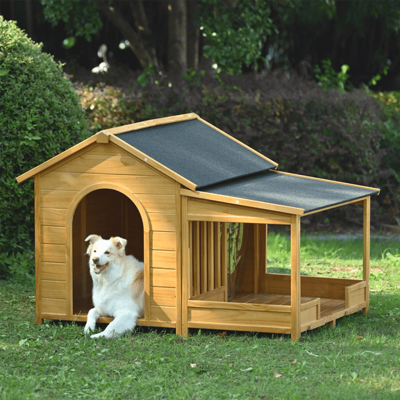 WGYPRIME 60.2" Outdoor Dog House with Porch, Large Wooden Dog Kennel with Asphalt Roof and Elevated Floor, Pet Shelter Perfect for Medium & Large Dogs