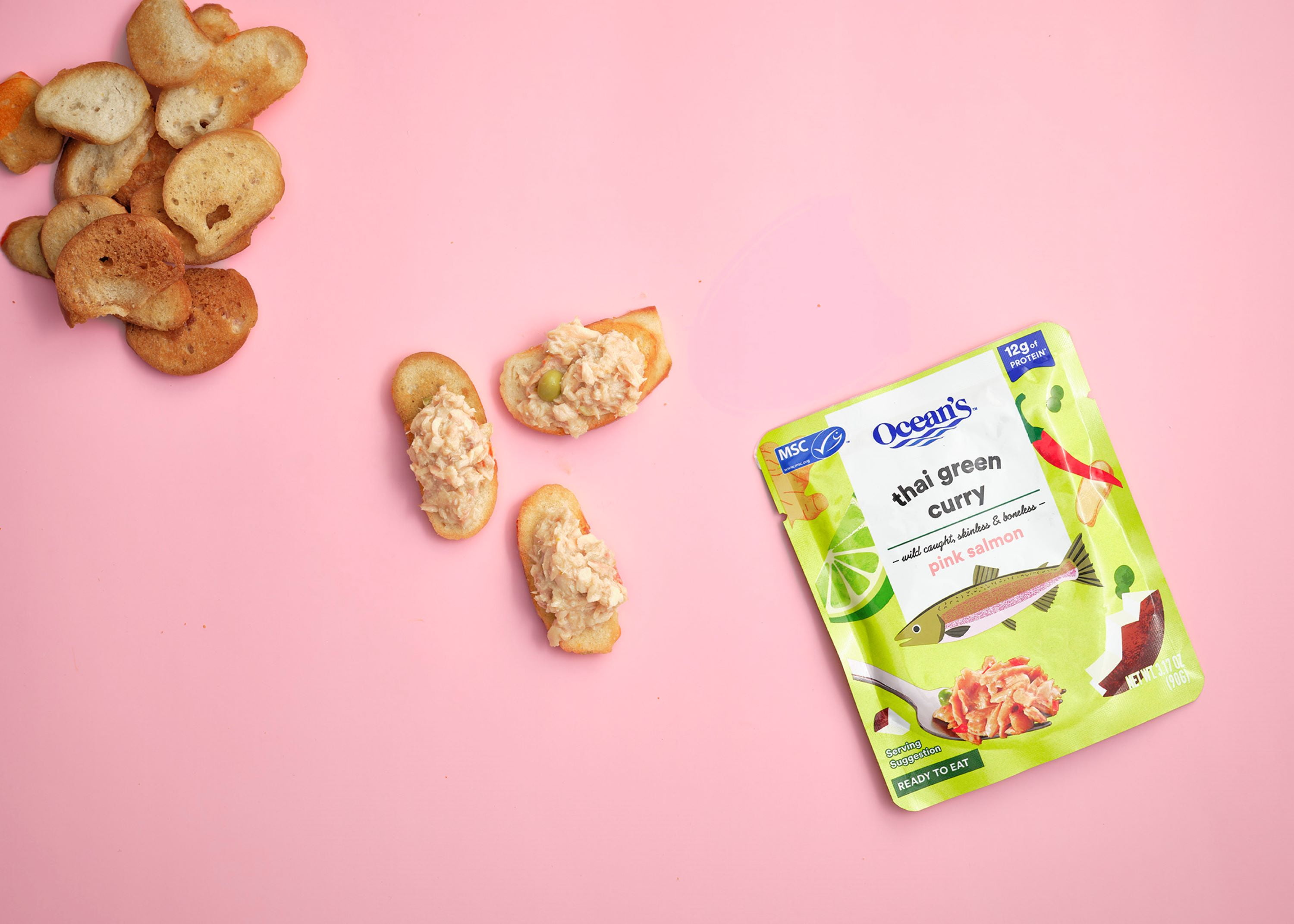 (3 pack) Ocean's Wild Alaskan Pink Salmon, Thai Green Curry, 12g Protein, Shelf-Stable, 3.17 oz Pouch