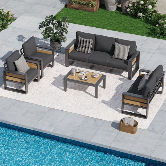 Dateyes 5 Piece Aluminum Patio Furniture Set, 7-Seat Luxury Outdoor Sectional with 6" Olefin Fabric Cushions, Dark Grey