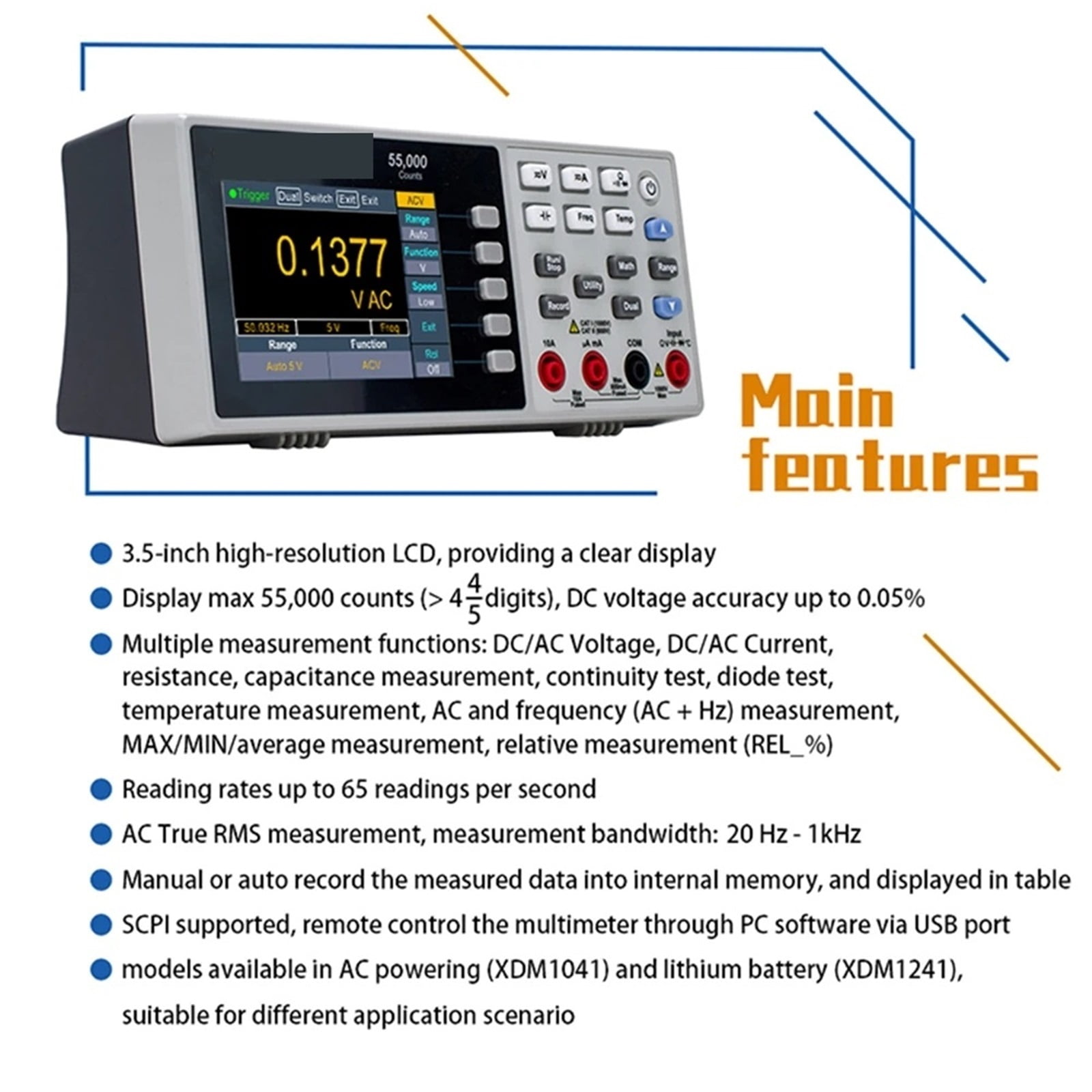 Benchtop Digital Multimeter 55000 Counts True RMS 3.5inch LCD USB DC/AC Current Voltmeter Temperature Tools ,Battery Test
