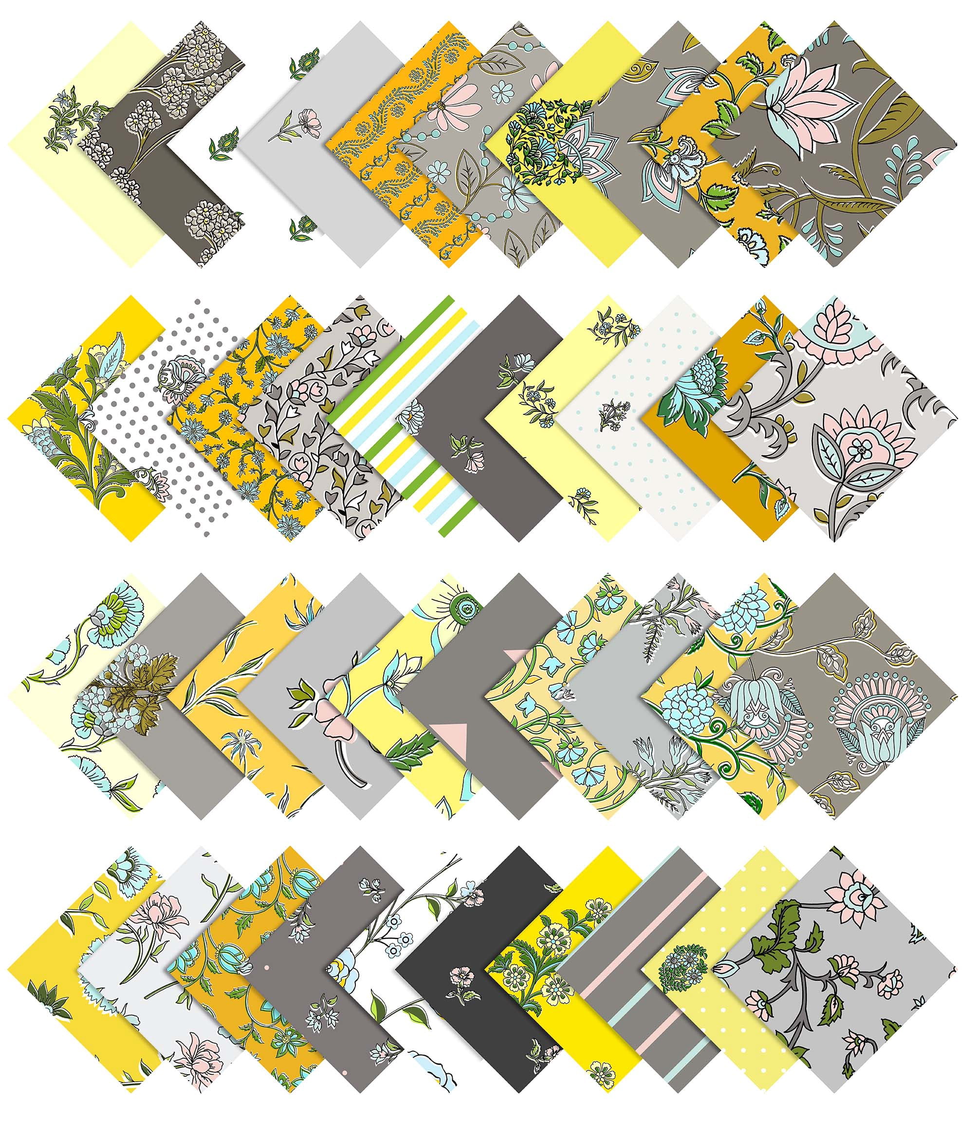 Soimoi Precut 10-inch Asian Floral Prints Cotton Fabric Bundle Quilting Squares Charm Pack DIY Patchwork Sewing Craft- Gray & Yellow