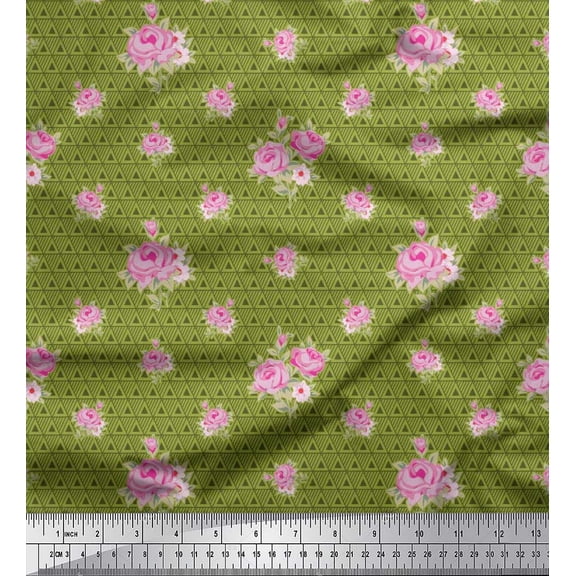 Soimoi Poly Georgette Fabric Triangle,Leaves & Rose Floral Printed Fabric 1 Yard 52 Inch Wide