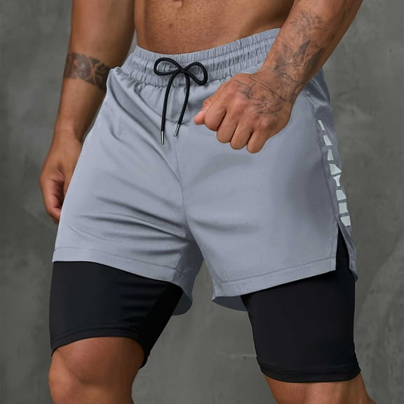 Yaoyar Men's Double Layer Workout Running Shorts Inner Compression Liner Zippered Pockets Adjustable Drawstring Athletic Shorts,Gray,L