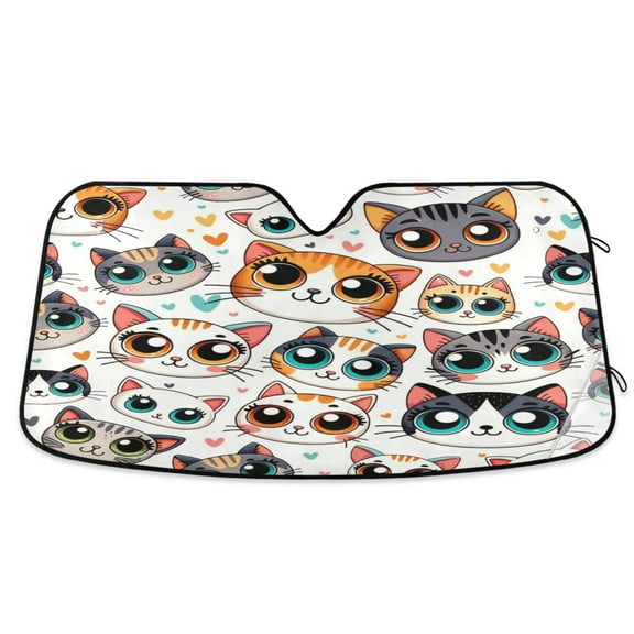 Cartoon Cat Face with Big Eye Car Windshield Sun Shade Foldable Car Front Window Visor Heat and UV Protection 53x23.5