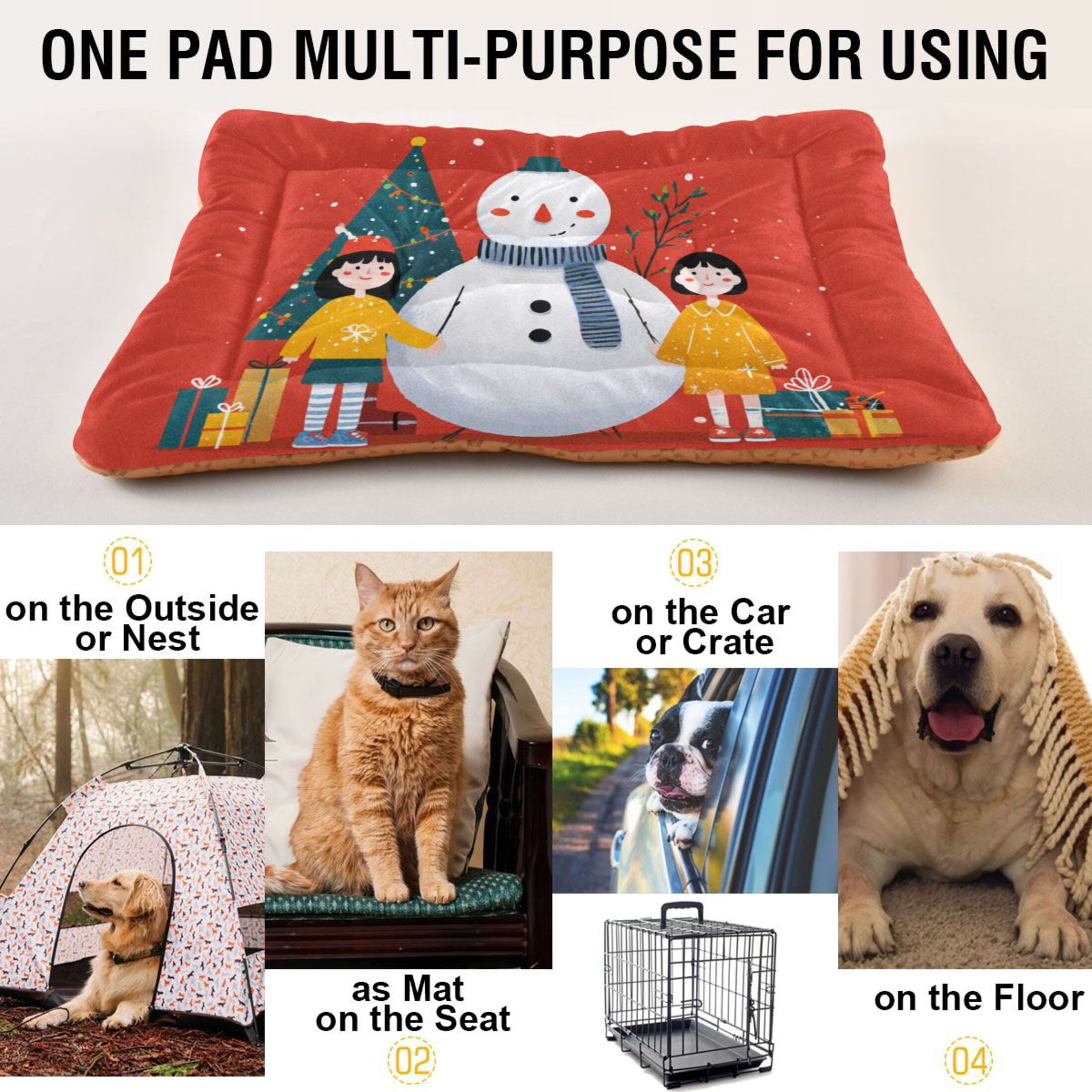Cozy Mat Pet Bed Indoor Outdoor Warm Soft For Cat Dog Puppy(S/M) Snowman Next To Christmas Tree