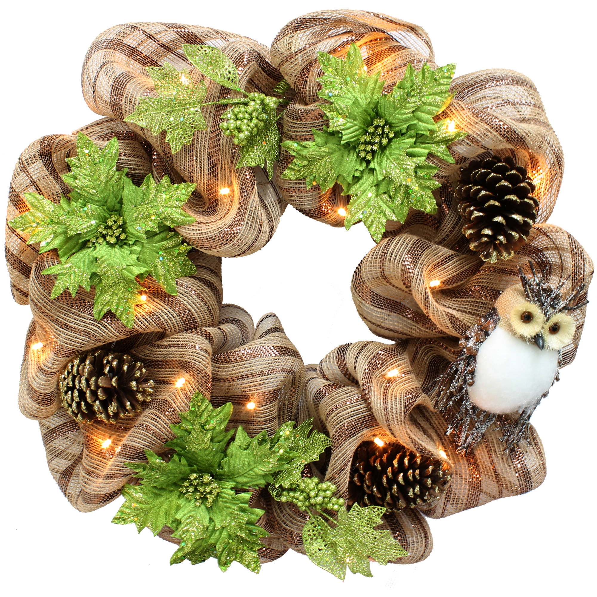 Holiday Time Christmas Decor Natural Owl 26" Lighted Wreath