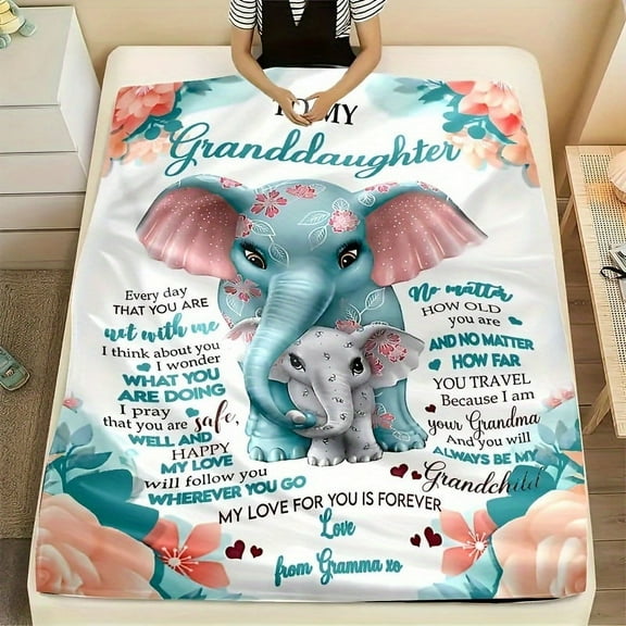 Ultra-Soft Elephant Printed Flannel Blanket for Granddaughter - Heartfelt Gift from Grandma, Cozy & Reversible Throw with Floral Design, Allergy-Friendly