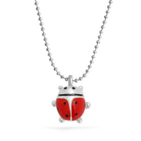 Childrens Red Enamel Ladybug Pendant Rhodium Plated Necklace 16 Inches
