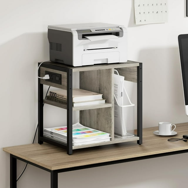 Support d'Imprimante de Bureau Amovible avec Station de Recharge, Chariot d'Imprimante à 3 Niveaux sur Roulettes sous le Bureau avec Tablette de Rangement et Roues