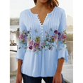 thumbnail image 2 of Susanny Loose Tops Clearance Floral Button Down Women's Shirts Flare Elbow 3/4 Length Sleeve Pleated Womens Casual Blouses Flowy Womens Tunics Cyan 2XL, 2 of 3