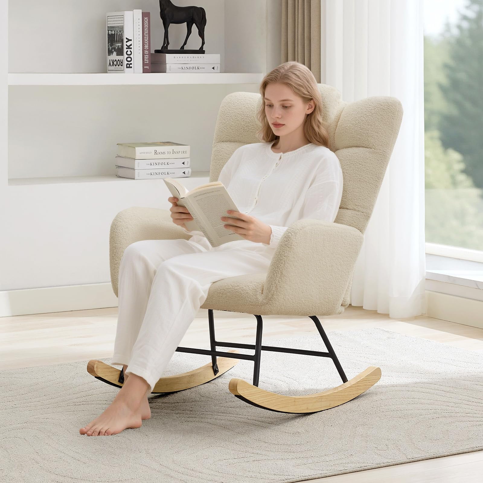Ergonomic High Back Rocking Chair – Modern Upholstered Glider Armchair with Soft Soft Fleece, Padded Cushion & Detachable Pillow – Cozy Accent Chair for Living Room, Bedroom, Nursery, Office – Camel