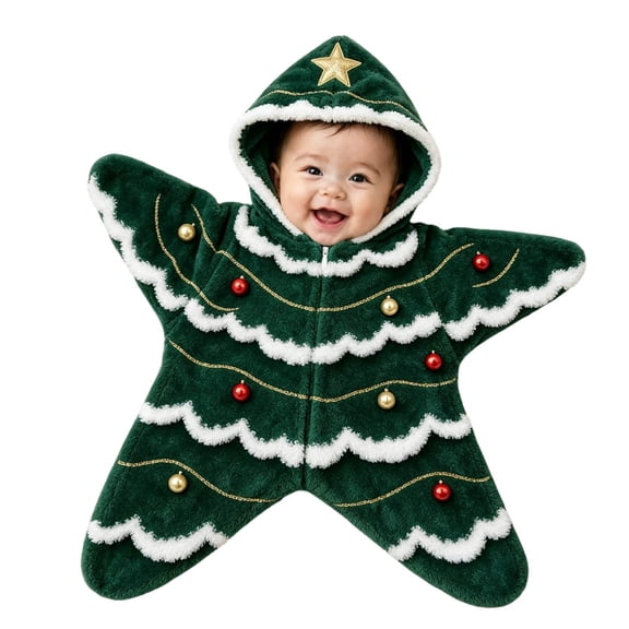 CONFREE Christmas Baby Flannel Hooded Starfish Onesie Zipper Cute Xmas Tree Graphic Warm Winter Jumpsuit