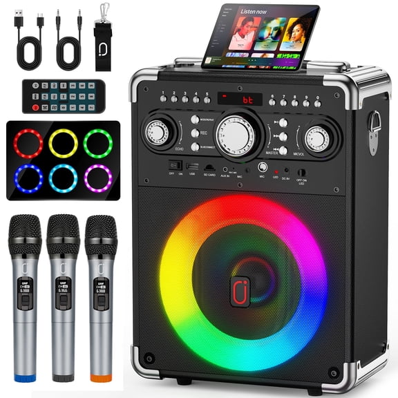 FanFun Karaoke Machine, Bluetooth Speaker with Microphone and Light, 3 Wireless Karaoke Microphone, Home Karaoke System, S8-T