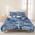 thumbnail image 3 of Full Quilt Set 78''x90'', Navy Blue Coastal Lightweight Bedspread Coverlet with 2 Pillow Shams, Summer Beach Nautical Starfish Coral Vintage Breathable All Season Quilt Bedding for Bedroom/Guest Room, 3 of 9