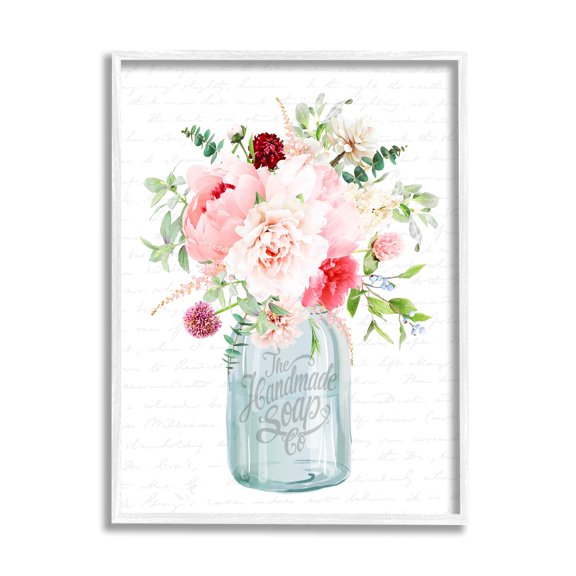 Stupell Industries Bright Pink Floral Bouquet Cursive Script Pattern Graphic Art White Framed Art Print Wall Art, Design by Lettered and Lined