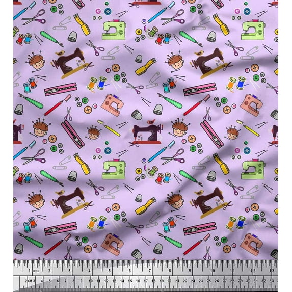 Soimoi Crepe Silk Fabric Scissor,Buttons & Machine Sewing Printed Craft Fabric by The Yard 42 Inch Wide