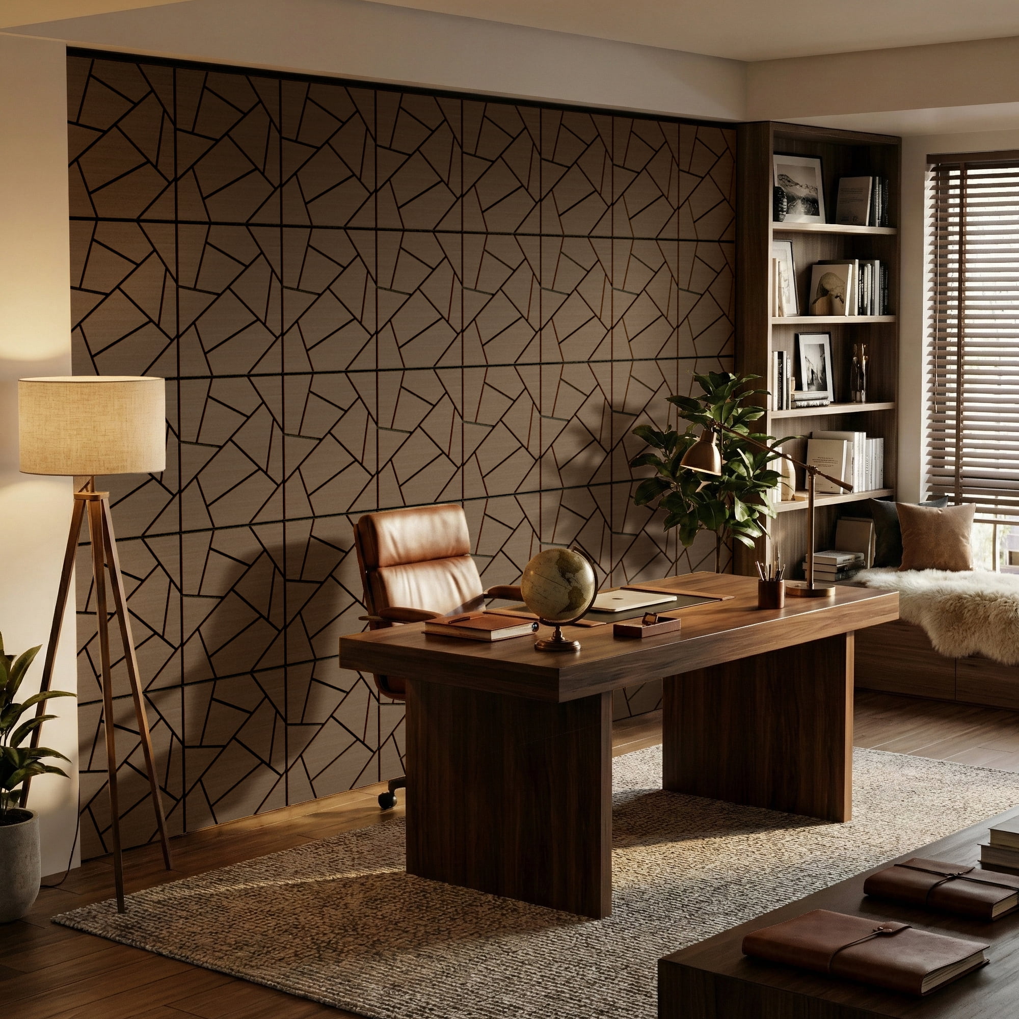 Fahomiss Abstract Geometric Acoustic Wood Slat Wall Tiles 4-Pack 24"x24", 3D Panel, Walnut