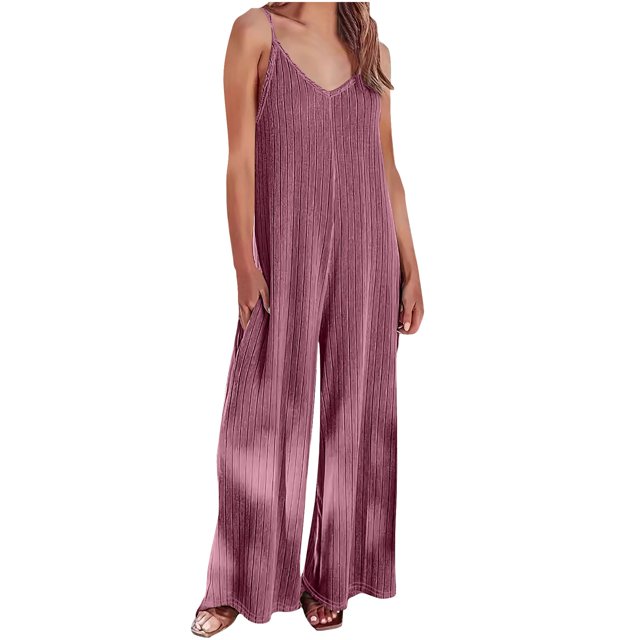 Plebaso Women's V Neck Sleeveless Jumpsuits Loose Spaghetti Strap Casual Wide Leg Rompers with Pockets