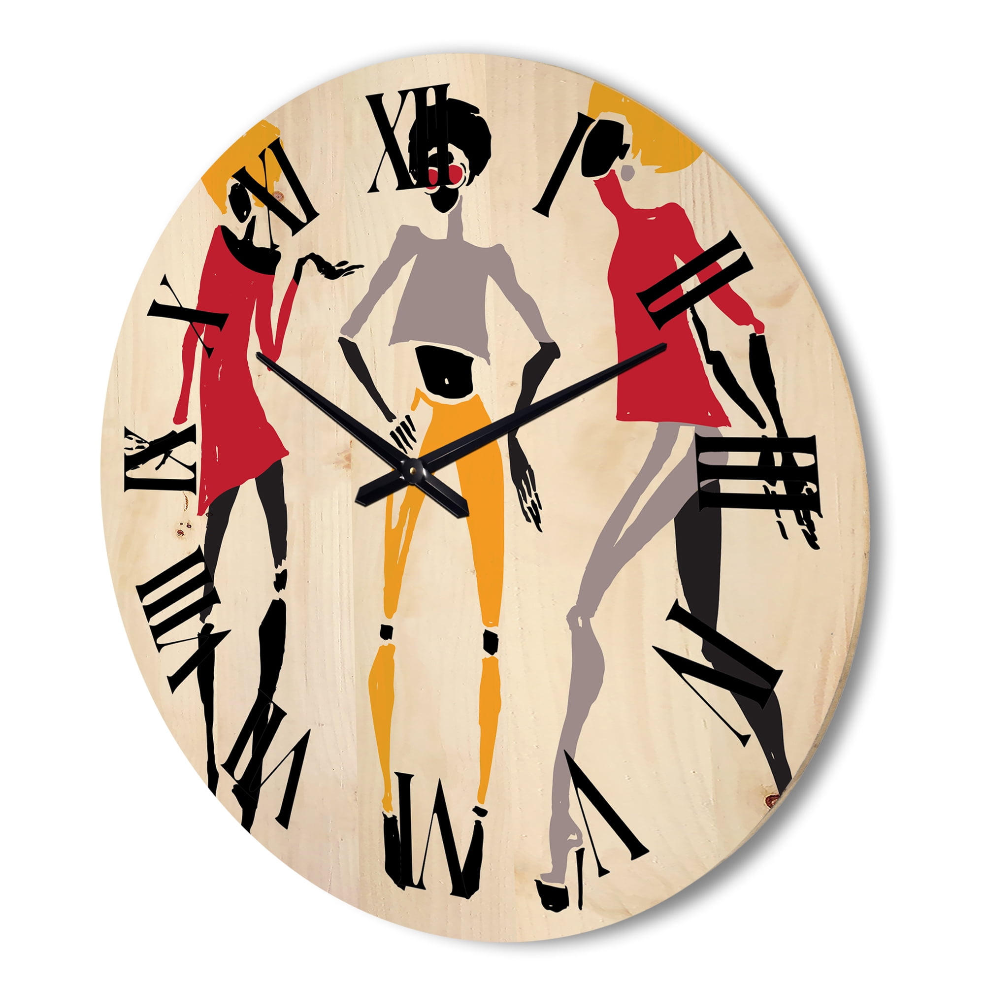 Designart 'African American Women Silhouettes Red and Yellow I' Modern Wood Wall Clock