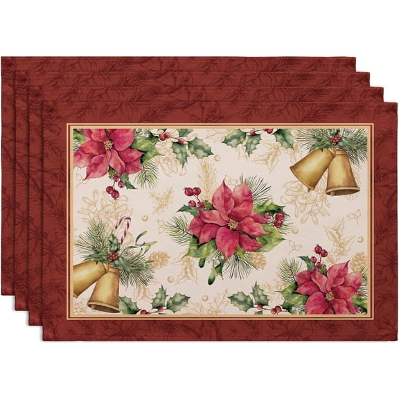 Christmas Placemats Set of 4, 12 x 18 Inch, Printed Xmas Poinsettia Bell Satin Table Mats, Seasonal Red Flower Winter Holiday Table Decorations for Kitchen, Dining, Party Decor