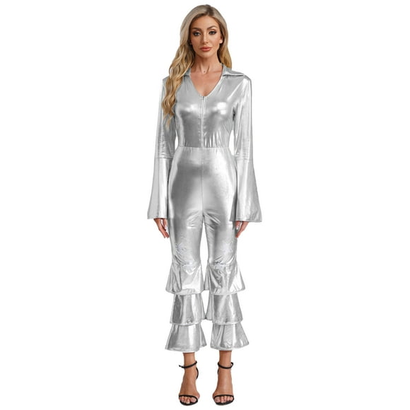 Aislor Retro 70s Disco Costume for Women 70s Outfits Shiny Movie Star Flare Jumpsuit Hippie Rompers Silver 3XL