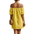 thumbnail image 5 of Hduncf Women's Off Shoulder A-Line Dress Plain Frilled Ruffled Hem Shirred Three Quarter Length Sleeve Mini Dress Yellow XL, 5 of 5
