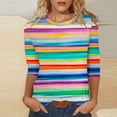 thumbnail image 2 of Dazajoo Plus Size Striped Tops for Women Summer Dressy Casual 3/4 Sleeve Round Neck Shirts 2024 Women's Fashion Loose Fit Colorful Color Block Stripes Blouses,Blue,L, 2 of 5