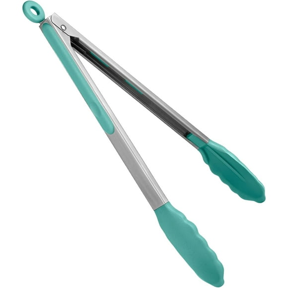 480°F Heat Resistant Kitchen Tongs: U-Taste 12in Silicone Cooking Tong with Firm Sealed Non Stick Rubber Tips & Silicon Coated 18/8 Stainless Steel Handle & Smooth Lock for Serving Grill(Aqua Sky)