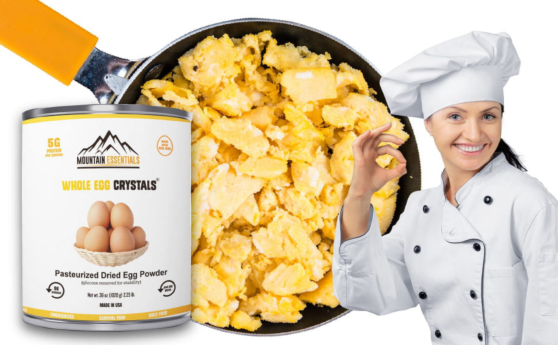 Mountain Essentials Dried Whole Egg Powder Crystals – 96 Servings, 5g Protein per Serving, Pasteurized Dehydrated Eggs, Long-Term Food Storage (7-Year Shelf Life), Emergency Survival & Camping Food