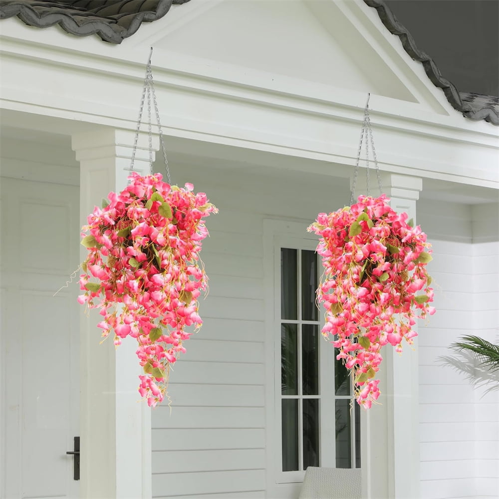 Duslogis 4 Pcs Fake Hibiscus Artificial Hanging Flowers Plants for Outdoors Spring Decor,Silk Hibiscus Vines Realistic UV Resistant Faux Flowers for Porch Patio Yard Home Wedding Party,Pink