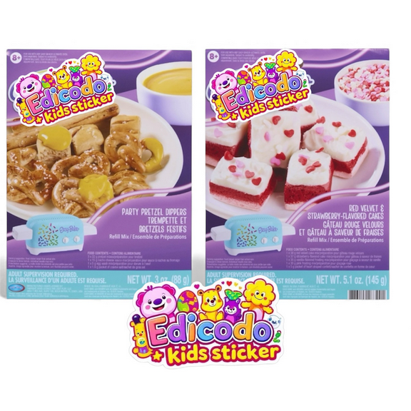 Easy-Bake Pretzel Dippers, Red Velvet and Strawberry Cakes Refill Mix, Edicodo Sticker Bundle