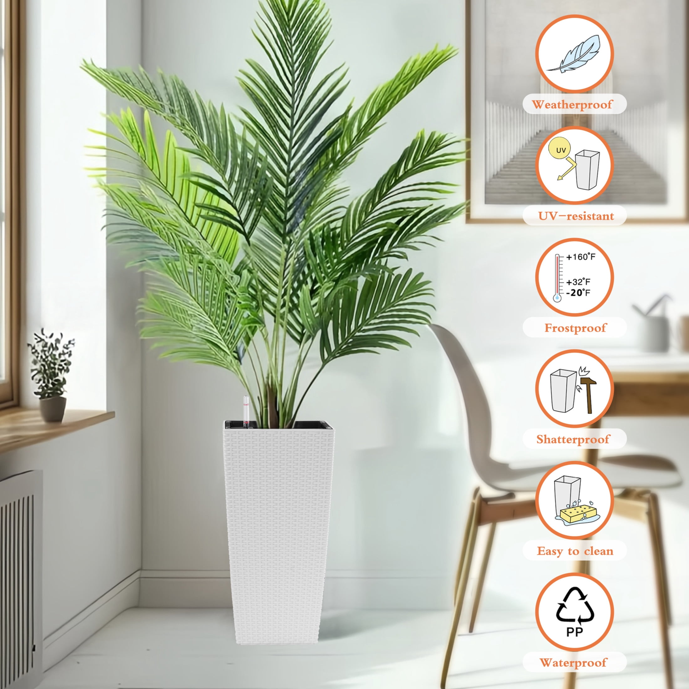 Noble House 2 Pack 22.61" Tall Square Self-Watering Planters, Faux Rattan Indoor Outdoor Flower Pots, White
