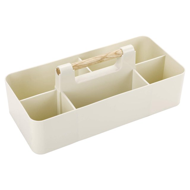 Organizador de escritorio apilable rectangular con compartimentos divididos, caja de almacenamiento con 5 compartimentos y asa de madera (beige)