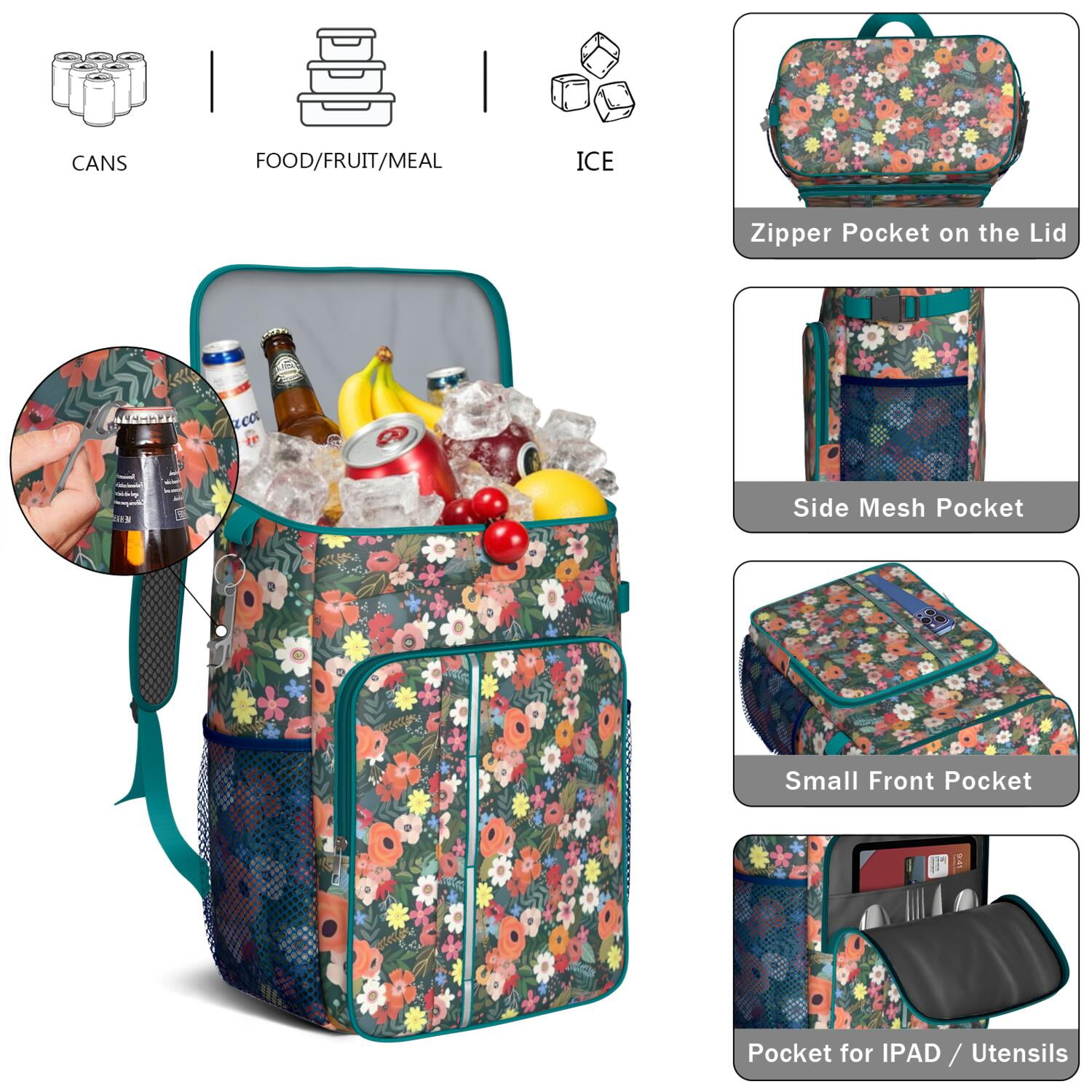 Travel Cooler Bag - Pioneer Flower Floral Print Pattern Camping Beer Cooler Backpack with Bottle Opener- Waterproof Insulated Picnic Backpacks - Cooler Bag for Beach