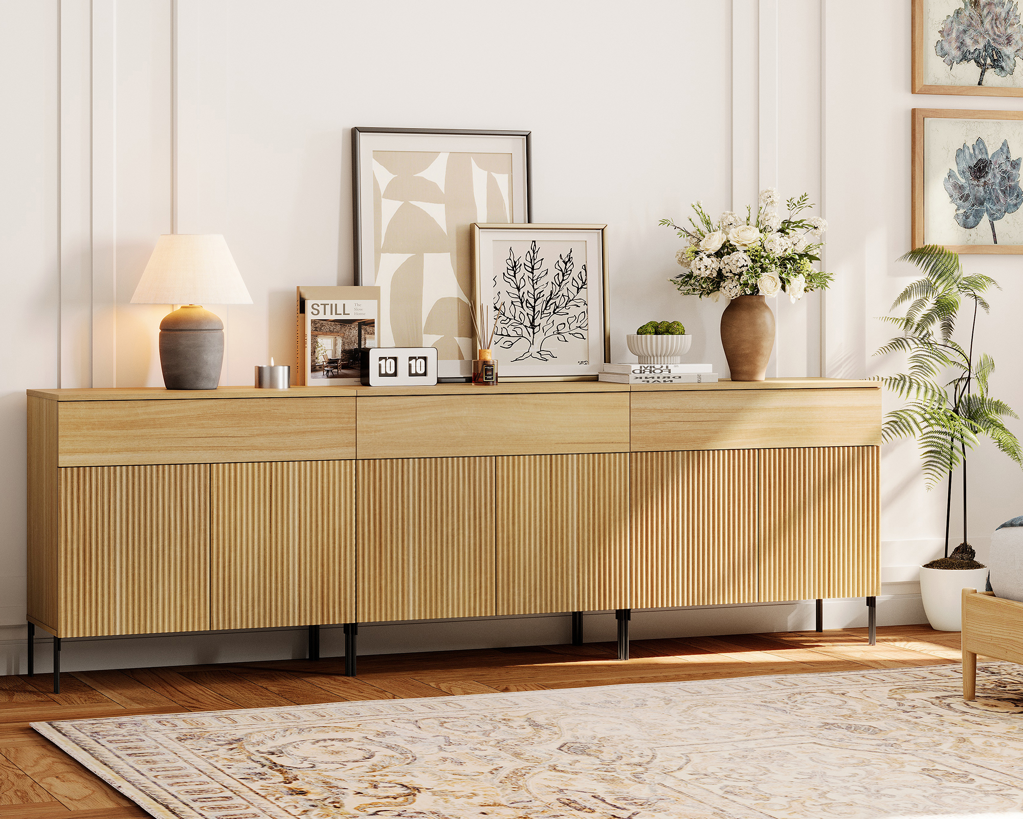 94.5" Wood Reeded Dresser with Drawer for Bedroom, 3-In-1 Minimalist Modern Cabinet, Storage Dresser Organizer for Bedroom Living Room Hallway Closet