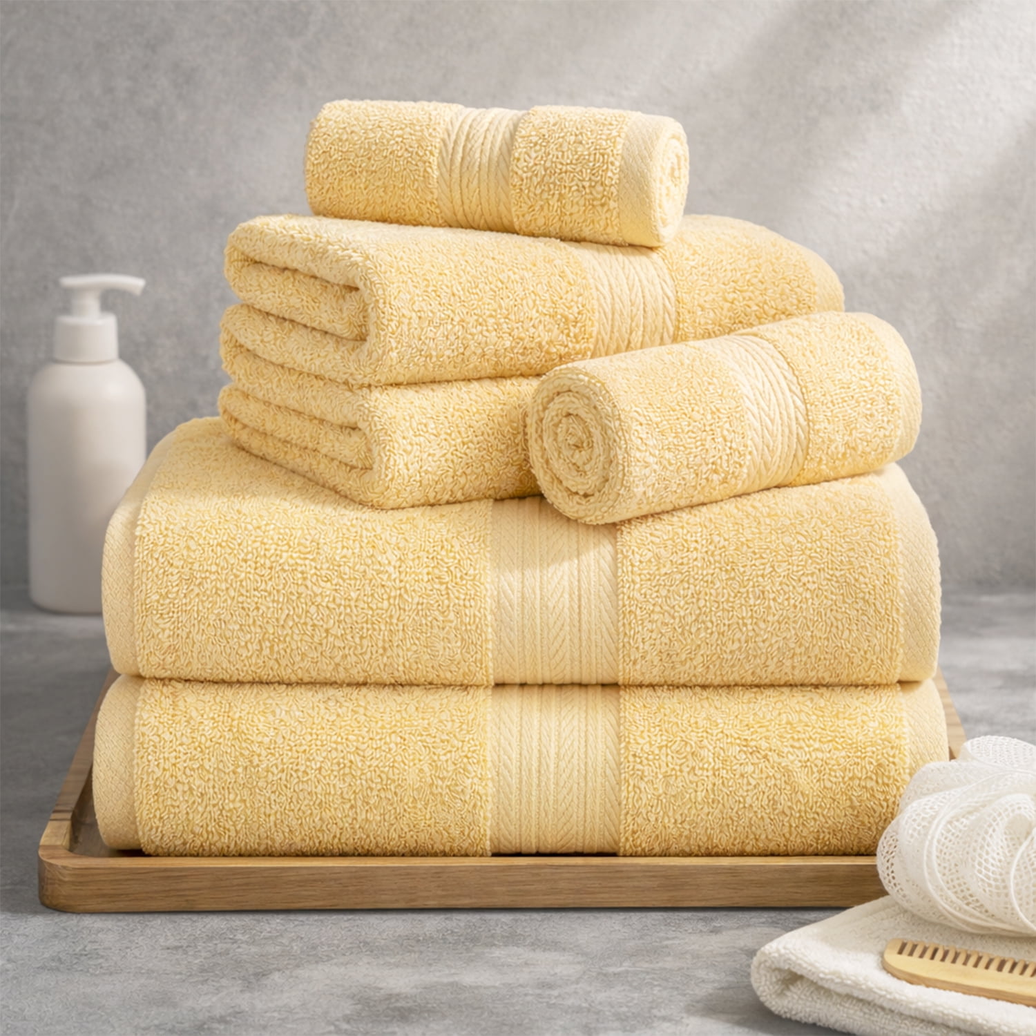 Ample Decor Bathroom Towel Set of 6 - 2 Hand Towel, 2 Bath Towel, 2 Wash Cloths - Yellow