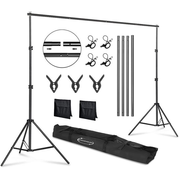 ShowMaven Background Stand, 6.5ft Height x 10ft Wide Adjustable Photo Backdrop Stand with Carry Bag, Clamps, Sangbags and Elastic String Clips