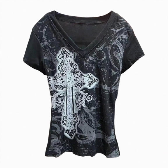 UOCUFY Grunge Shirts Emo Clothes Teen Girls Vintage Graphic Tee Y2k 2000s Goth Top Women Mcbling Short Sleeve Streetwear (Dark Gray, S)