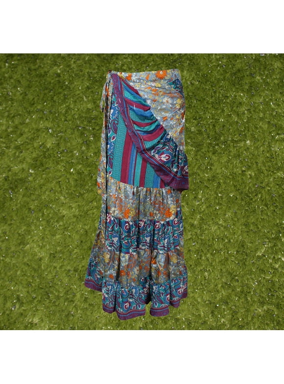 Bohemian Blue Silk Sari Ruffle Wrap Skirt, Tiered Maxi Skirt, Handmade Belly Dance Beach Party Long Skirts One size
