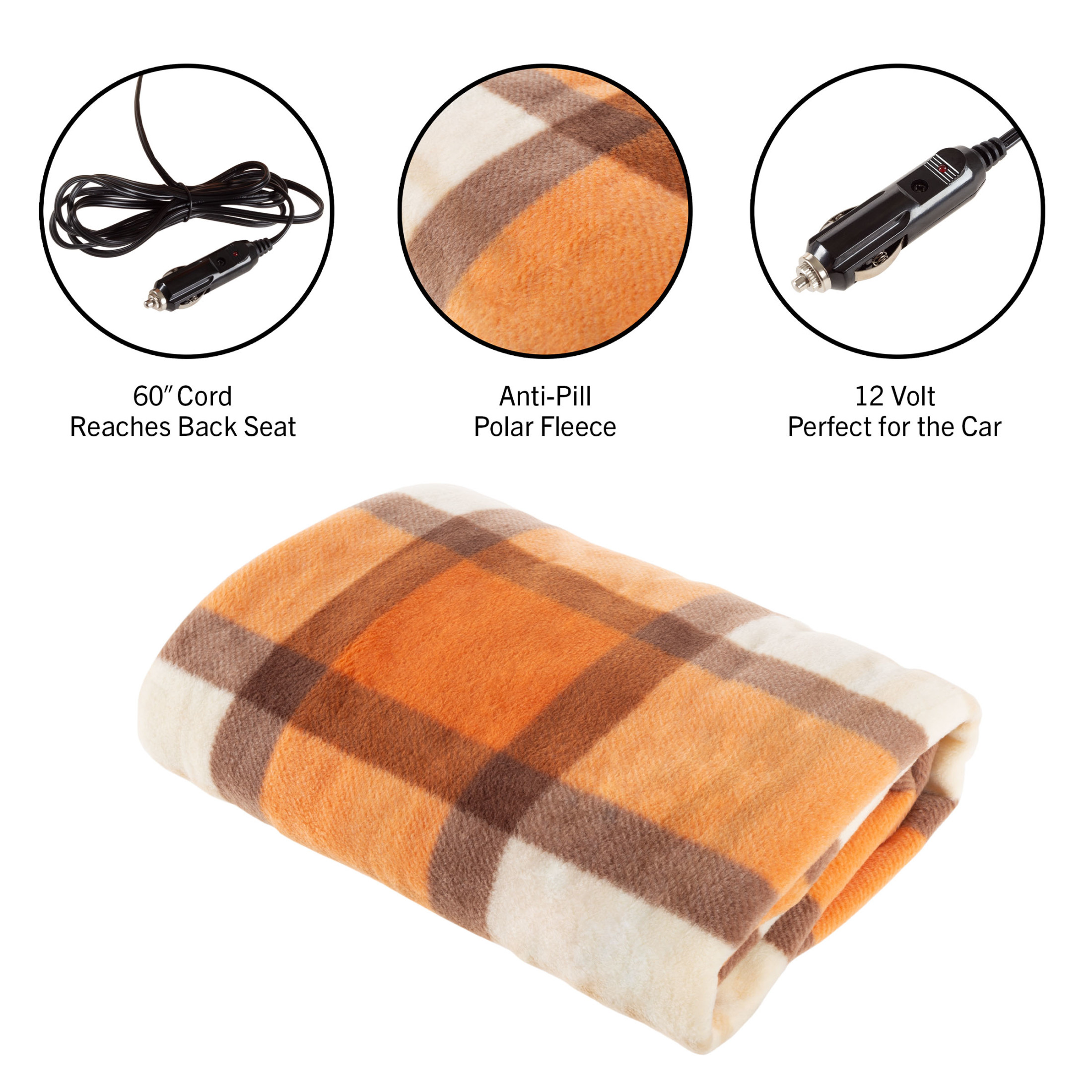 Stalwart 12V Electric Heated Blanket for Car, Truck, or RV (Orange Plaid)
