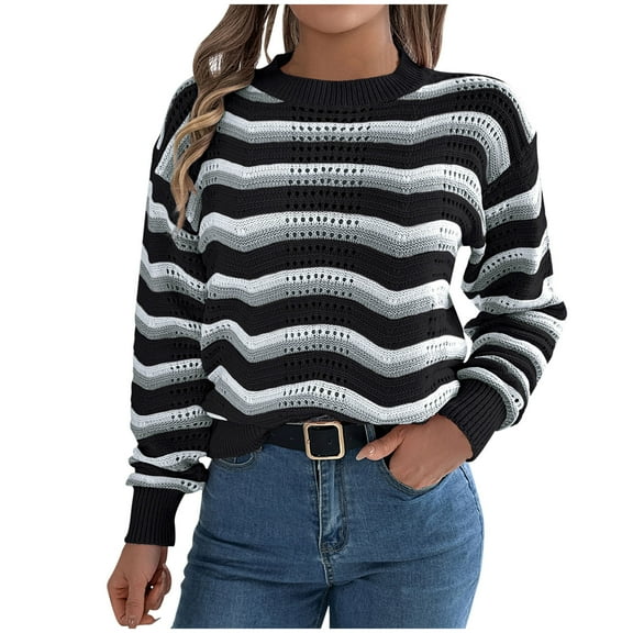 UYISJ Crochet Sweaters for Women Casual Striped Sweaters Loose Hollow Out Knit Pullover Jumper Tops Fall Outfits Black XL