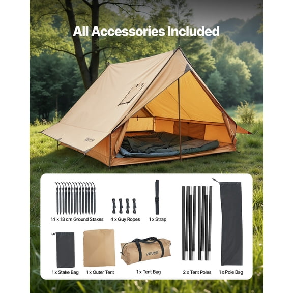 All-Season Hot Tent for Two Campers - Winter Cabin Tent with Stove Jack, Waterproof, Includes Portable Poles and Fireproof Ground Mat for Outdoor Adventures