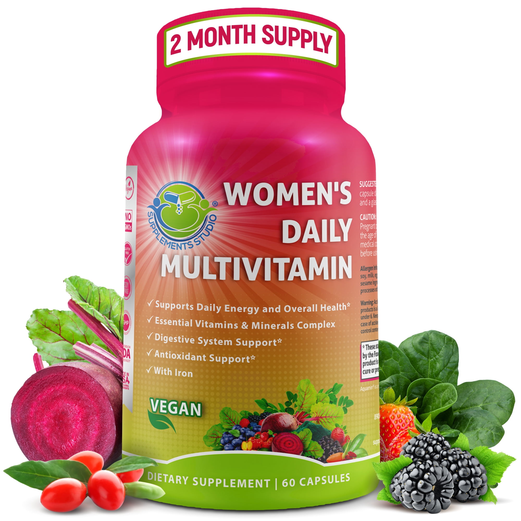 Women's Daily Multivitamin - Vegan Multivitamin for Women, Optimal Health and Immune Support, Energy Boost, Made with Fruits & Vegetables, B-Complex, Probiotics, Enzymes, CoQ10, Non-GMO, 60 Count