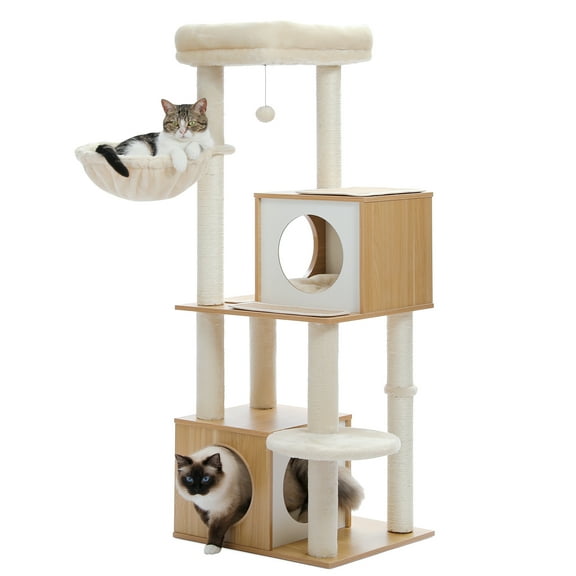 Pefilos 51" Modern Cat Tower for Indoor Cats, Multilevel Cat Tree Cat Play House with Large Cat Condo, Beige