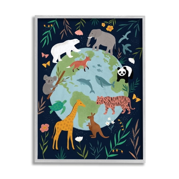 Stupell Industries Jungle Animals and Earth Nature Floral Border Design by Nina Seven, 11" x 14", Gray Framed