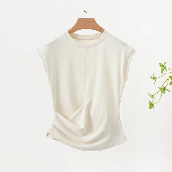 QUNYINEY Women's T Shirts Solid Casual Sleeveless Crew Neck Tops Loose Soft Pullover Shirts
