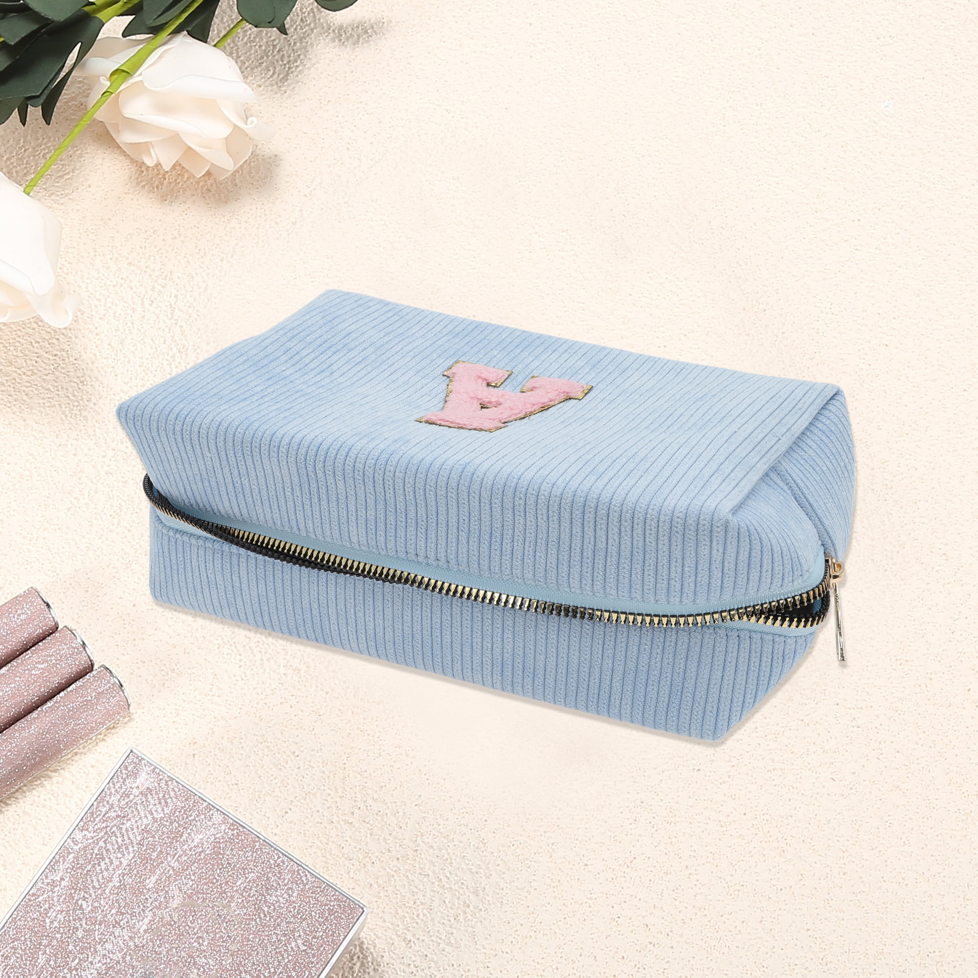 Unique Bargains 1 Pc Corduroy Rectangular Letter Makeup Bag Sky Blue [Letter A]